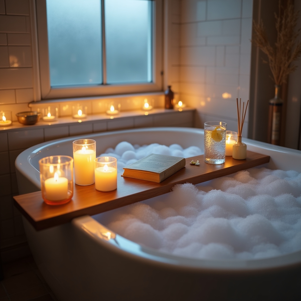 Večerní koupelna s pěnou, svíčkami a vonnými oleji připravená pro relaxační rituál
