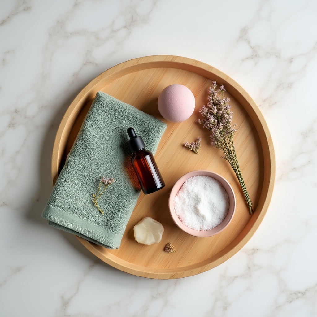 Wellness produkty seřazené na dřevěné podložce – oleje, soli a ručník